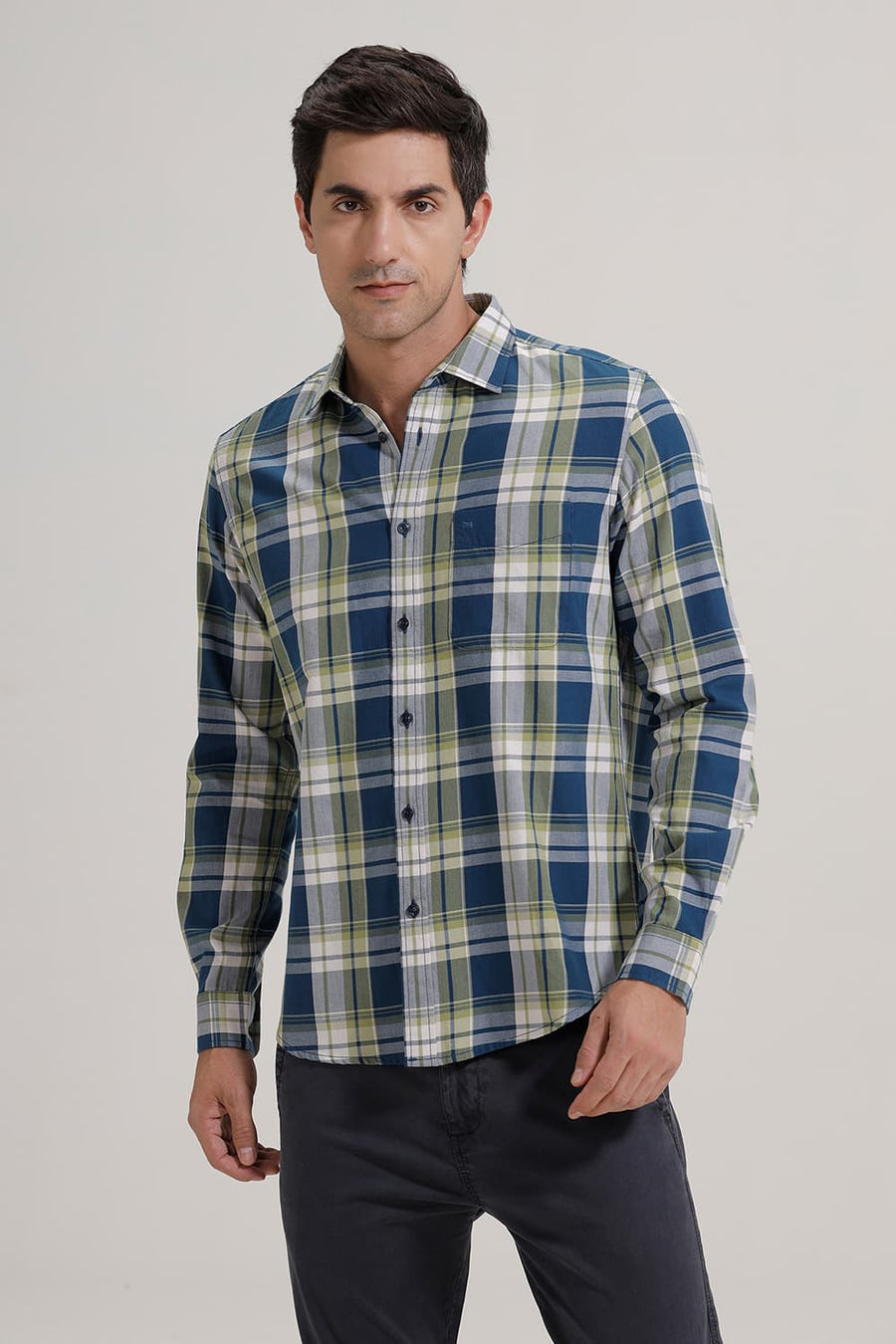 BASICS SLIM FIT CELESTIAL BLUE TWILL CHECKS SHIRT