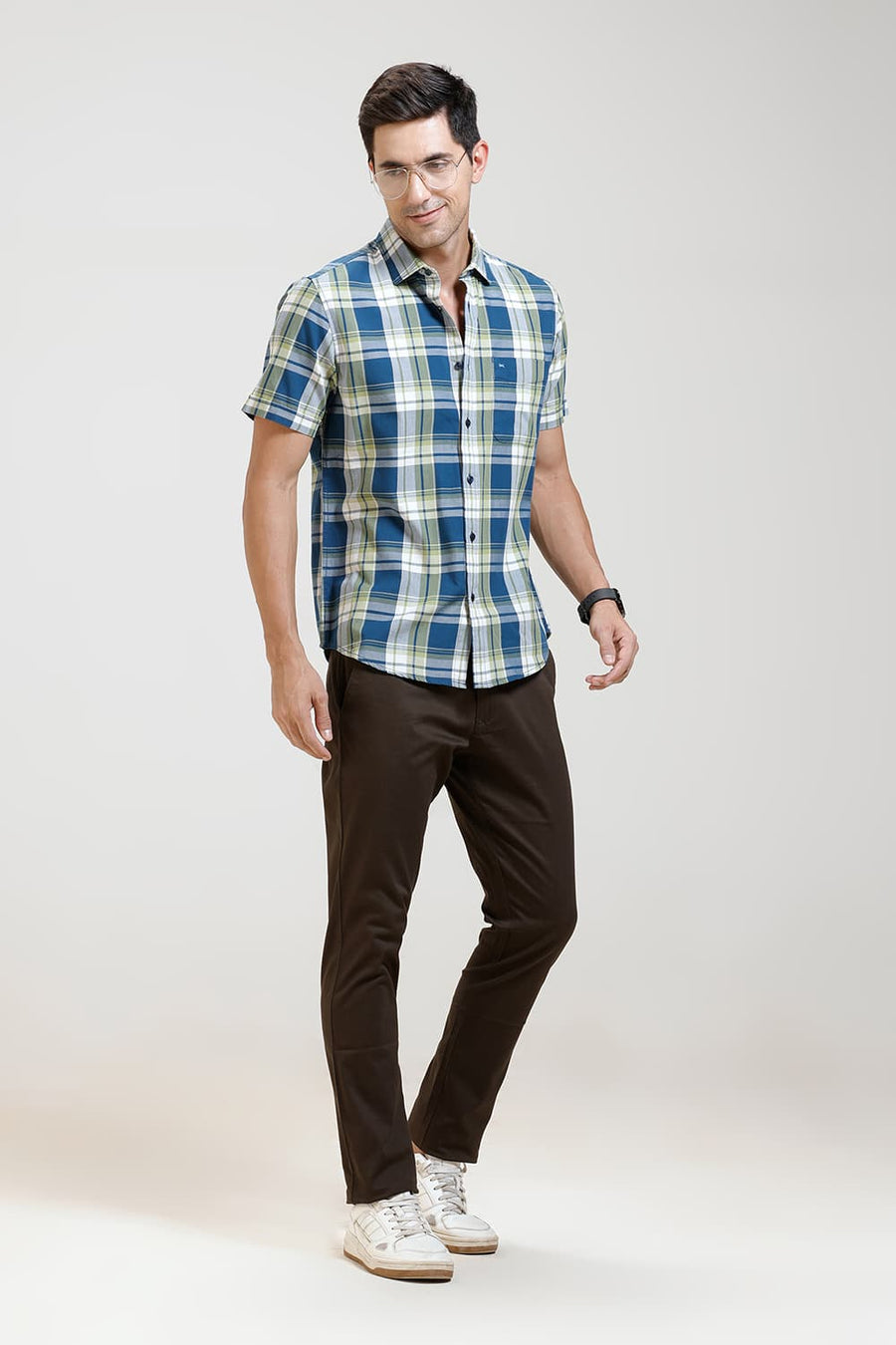 BASICS SLIM FIT CELESTIAL BLUE TWILL CHECKS HALFSLEEVES SHIRT