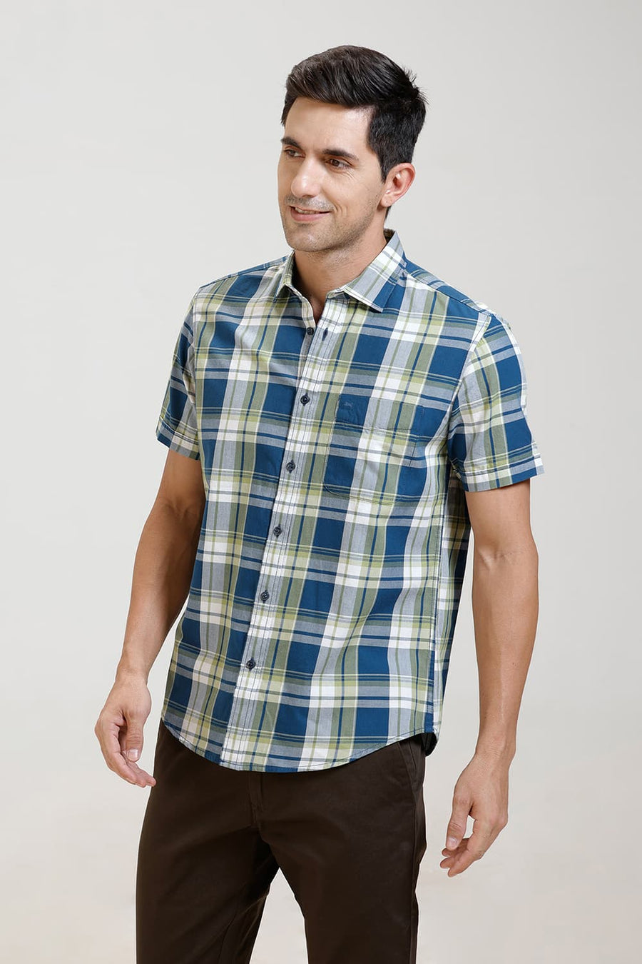 BASICS SLIM FIT CELESTIAL BLUE TWILL CHECKS HALFSLEEVES SHIRT