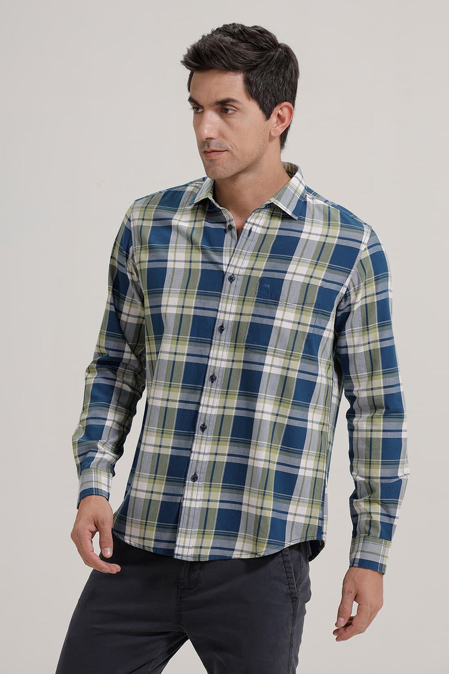BASICS SLIM FIT CELESTIAL BLUE TWILL CHECKS SHIRT