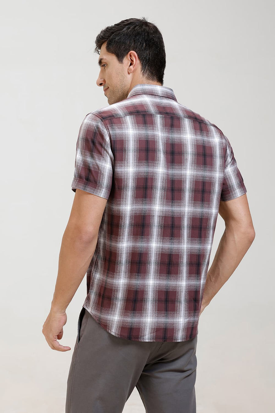 BASICS SLIM FIT VINEYARD BROWN COTTON GRINDLE CHECKS HALFSLEEVES SHIRT