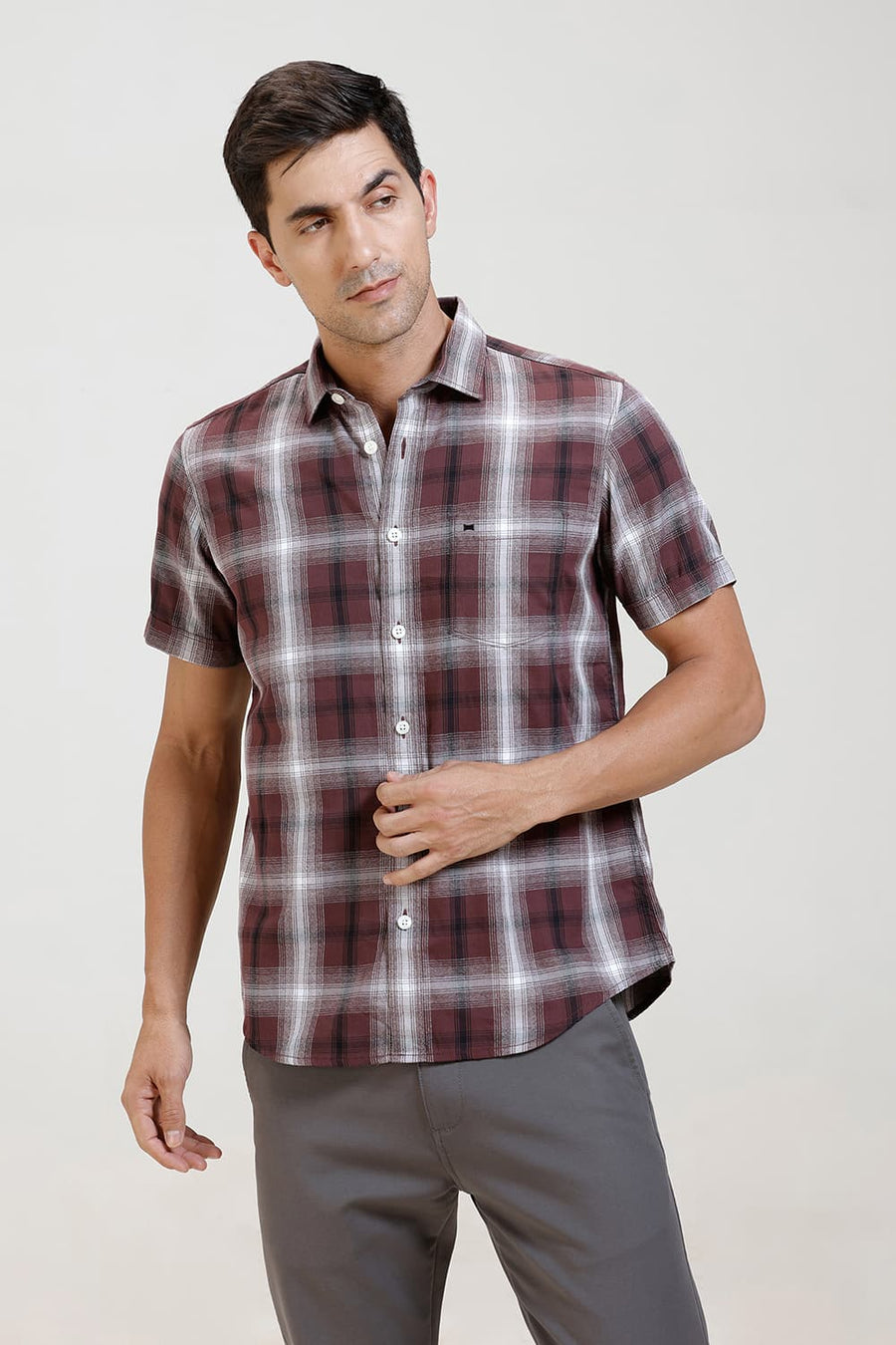 BASICS SLIM FIT VINEYARD BROWN COTTON GRINDLE CHECKS HALFSLEEVES SHIRT