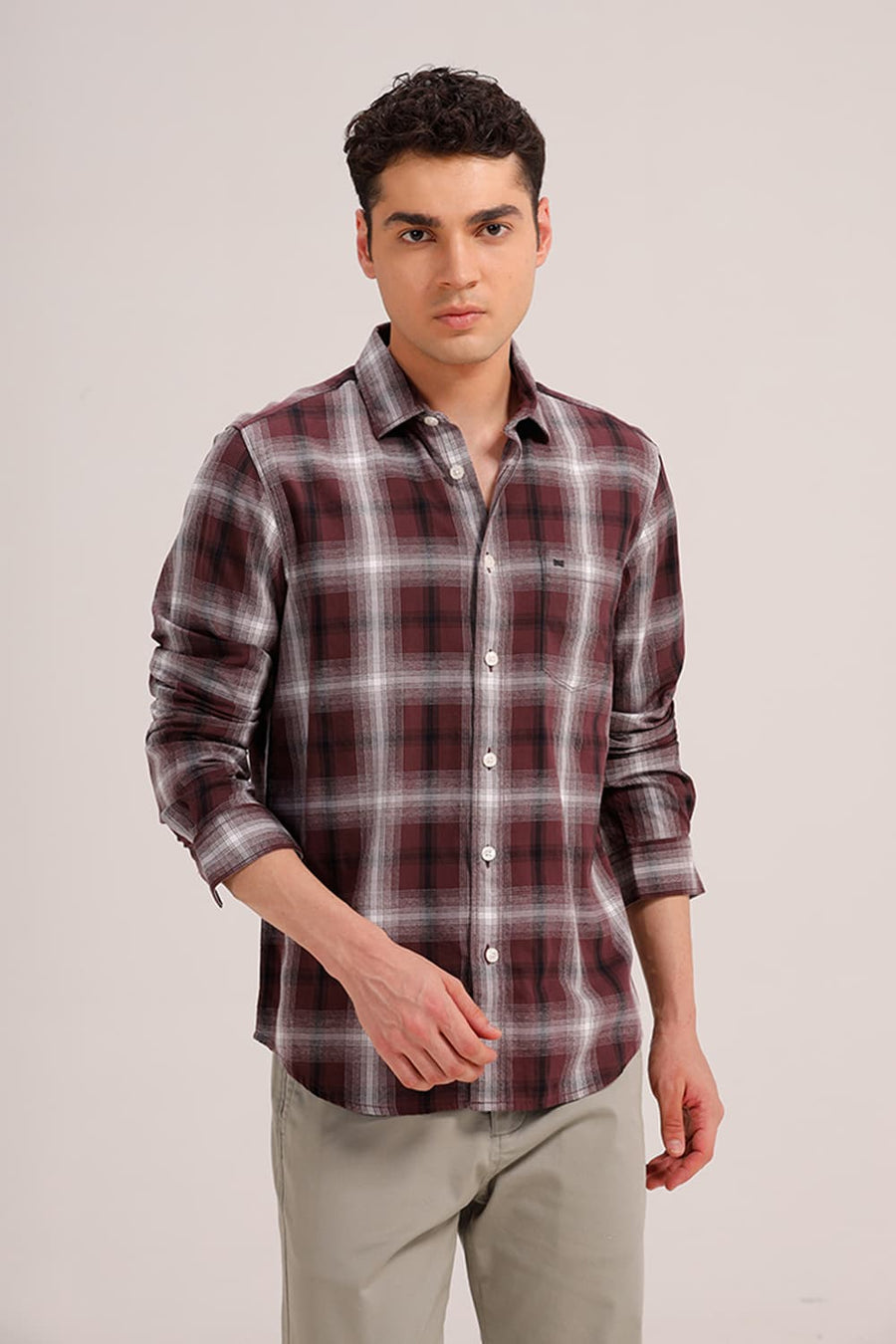 BASICS SLIM FIT VINEYARD BROWN COTTON GRINDLE CHECKS SHIRT