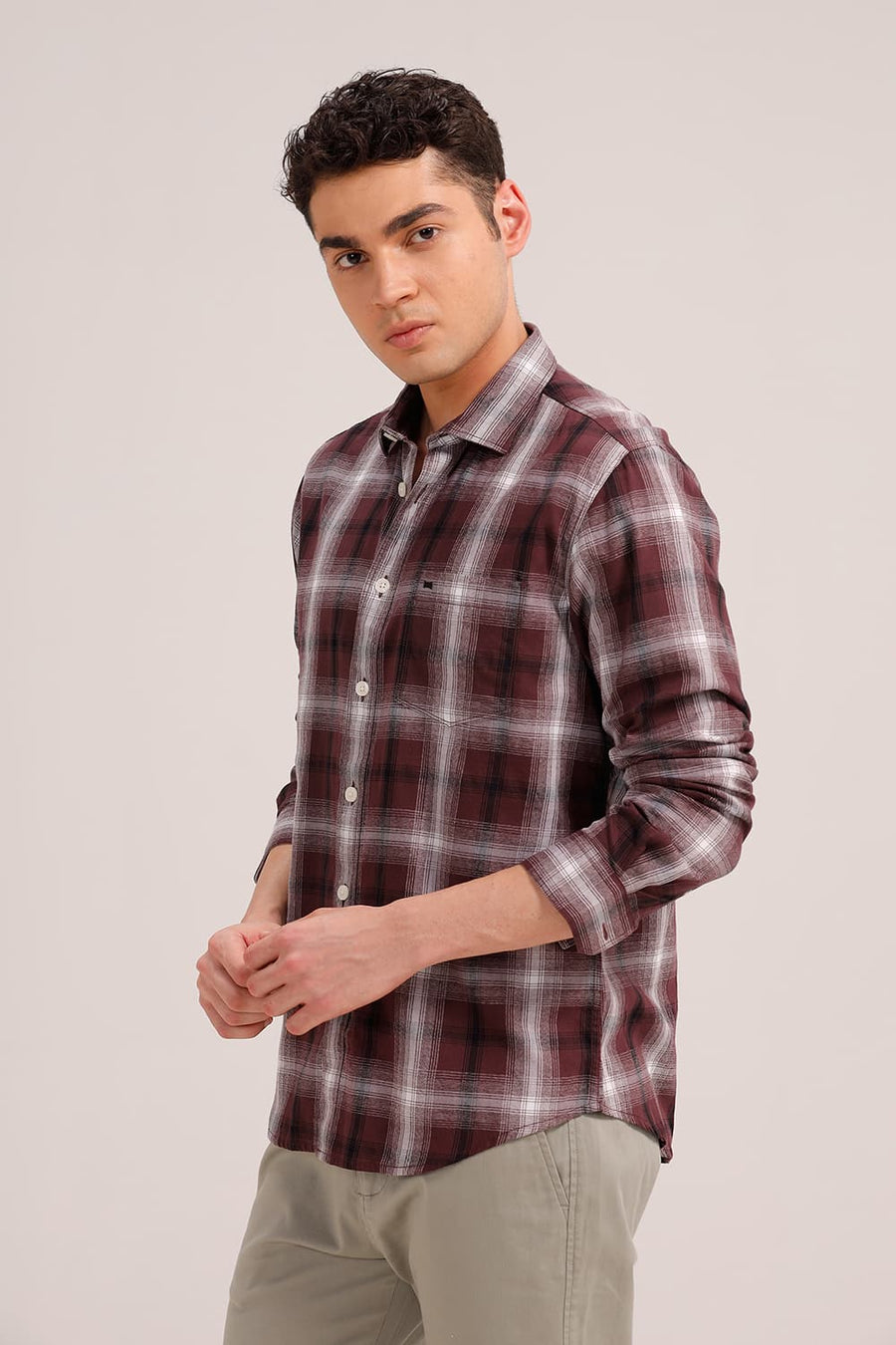 BASICS SLIM FIT VINEYARD BROWN COTTON GRINDLE CHECKS SHIRT