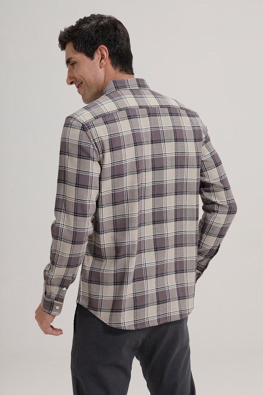 BASICS SLIM FIT ELM BROWN COTTON HOPSACK CHECKS SHIRT