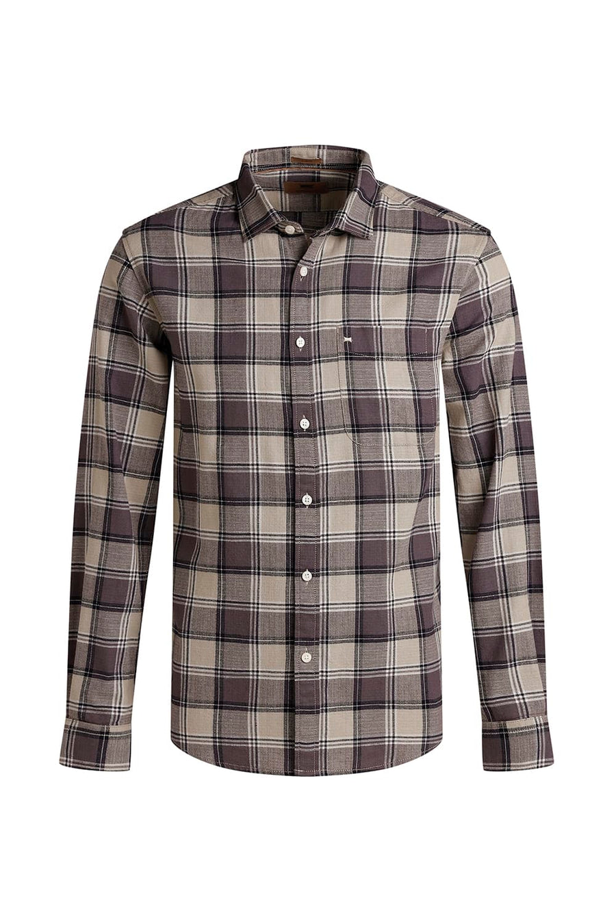BASICS SLIM FIT ELM BROWN COTTON HOPSACK CHECKS SHIRT