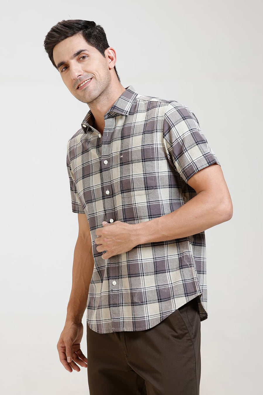 BASICS SLIM FIT ELM BROWN COTTON HOPSACK CHECKS HALFSLEEVES SHIRT