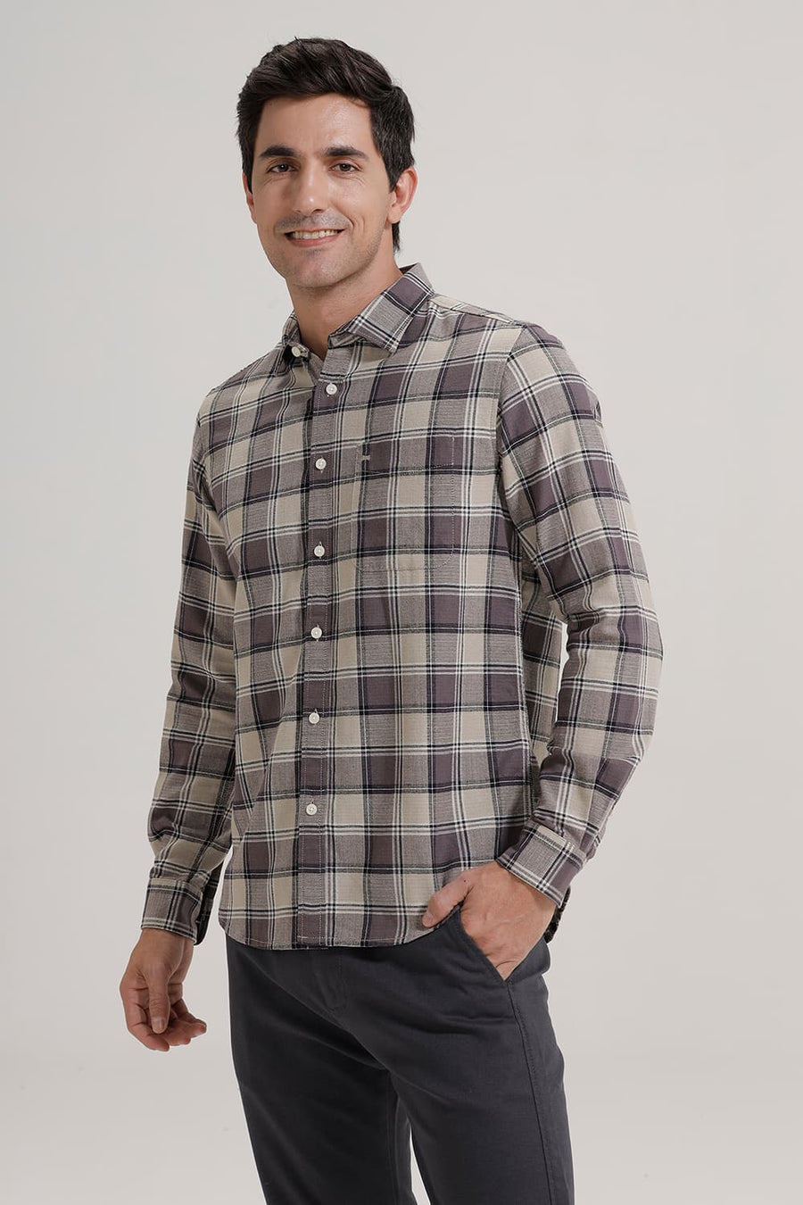 BASICS SLIM FIT ELM BROWN COTTON HOPSACK CHECKS SHIRT
