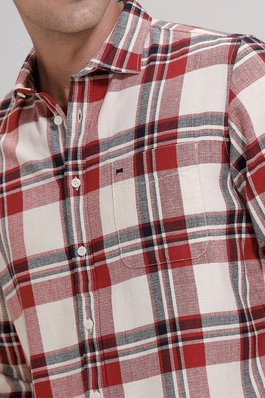 BASICS SLIM FIT RED DAHLIA COTTON HOPSACK CHECKS SHIRT