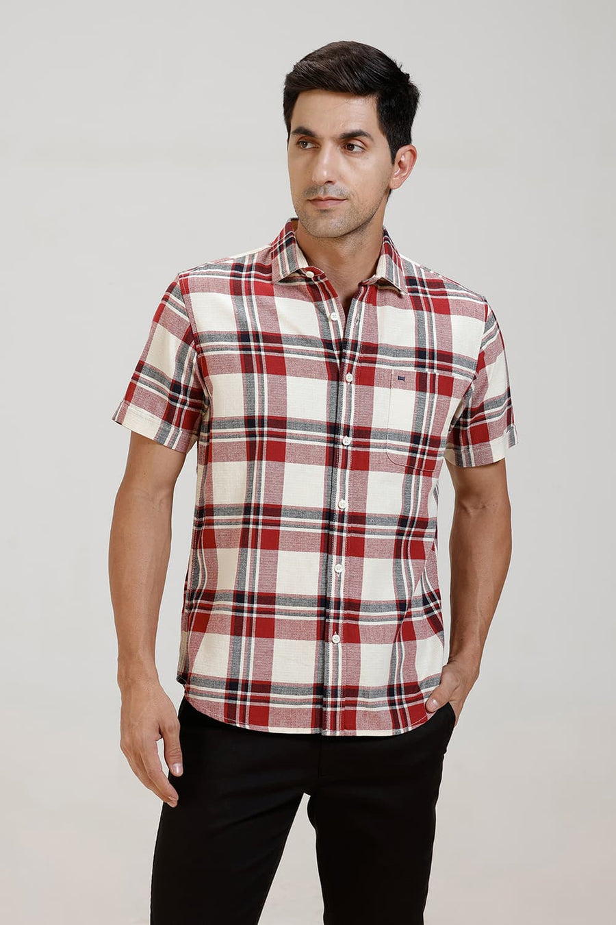 BASICS SLIM FIT RED DAHLIA COTTON HOPSACK CHECKS HALFSLEEVES SHIRT
