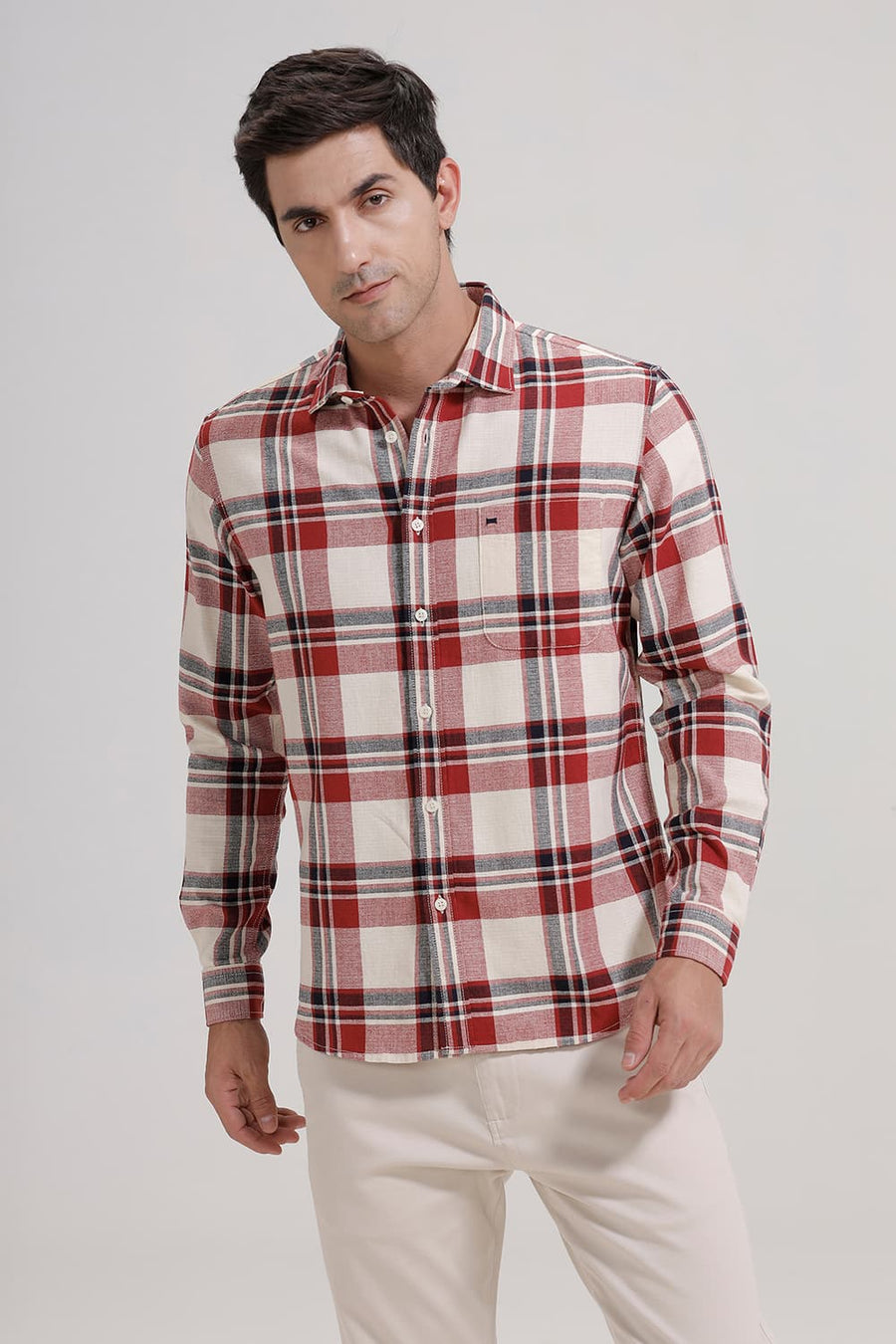 BASICS SLIM FIT RED DAHLIA COTTON HOPSACK CHECKS SHIRT