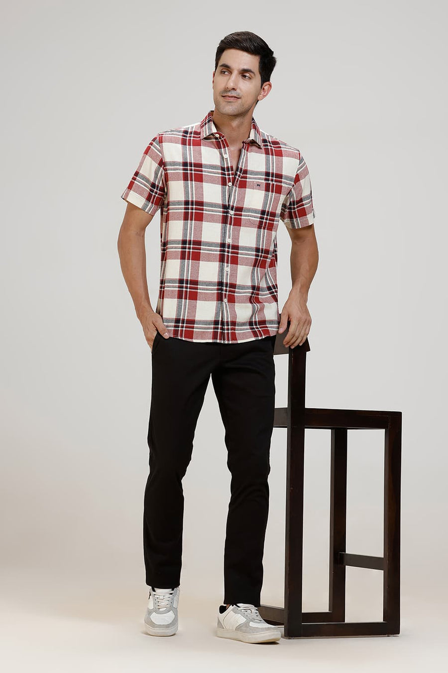BASICS SLIM FIT RED DAHLIA COTTON HOPSACK CHECKS HALFSLEEVES SHIRT
