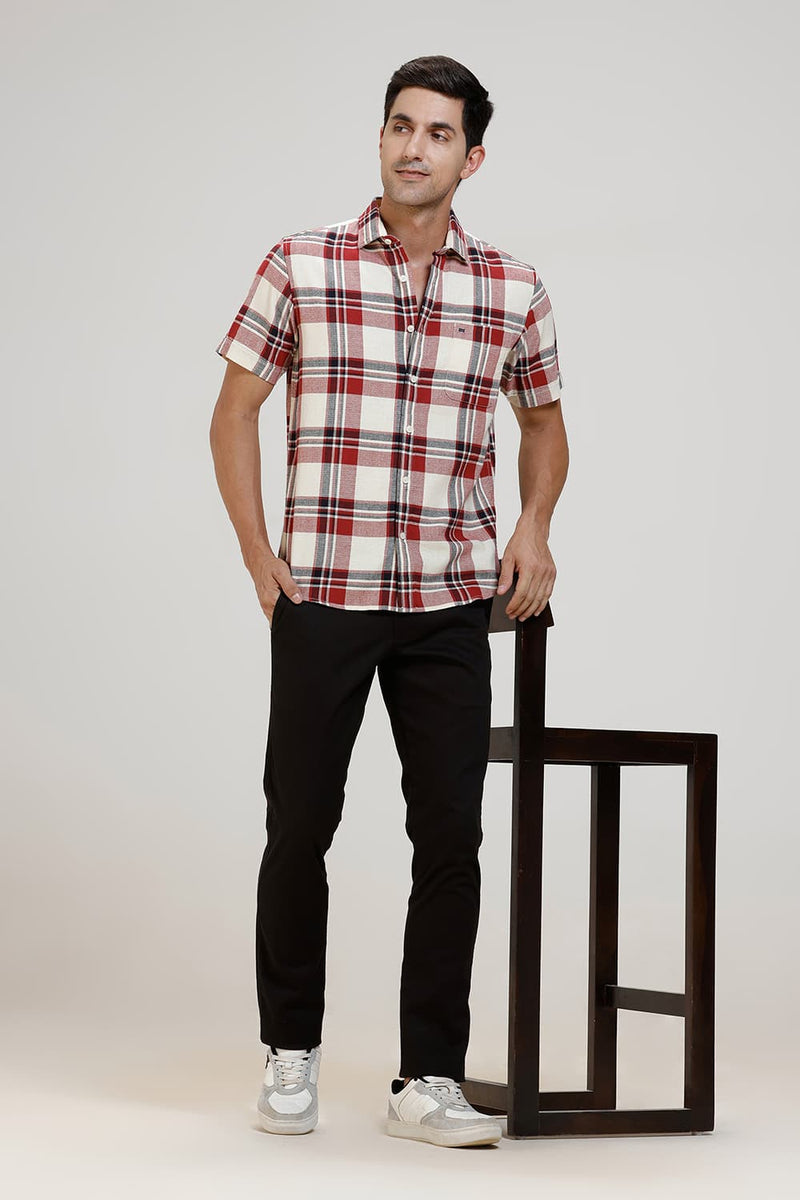SLIM FIT COTTON HOPSACK CHECKS HALFSLEEVES SHIRT