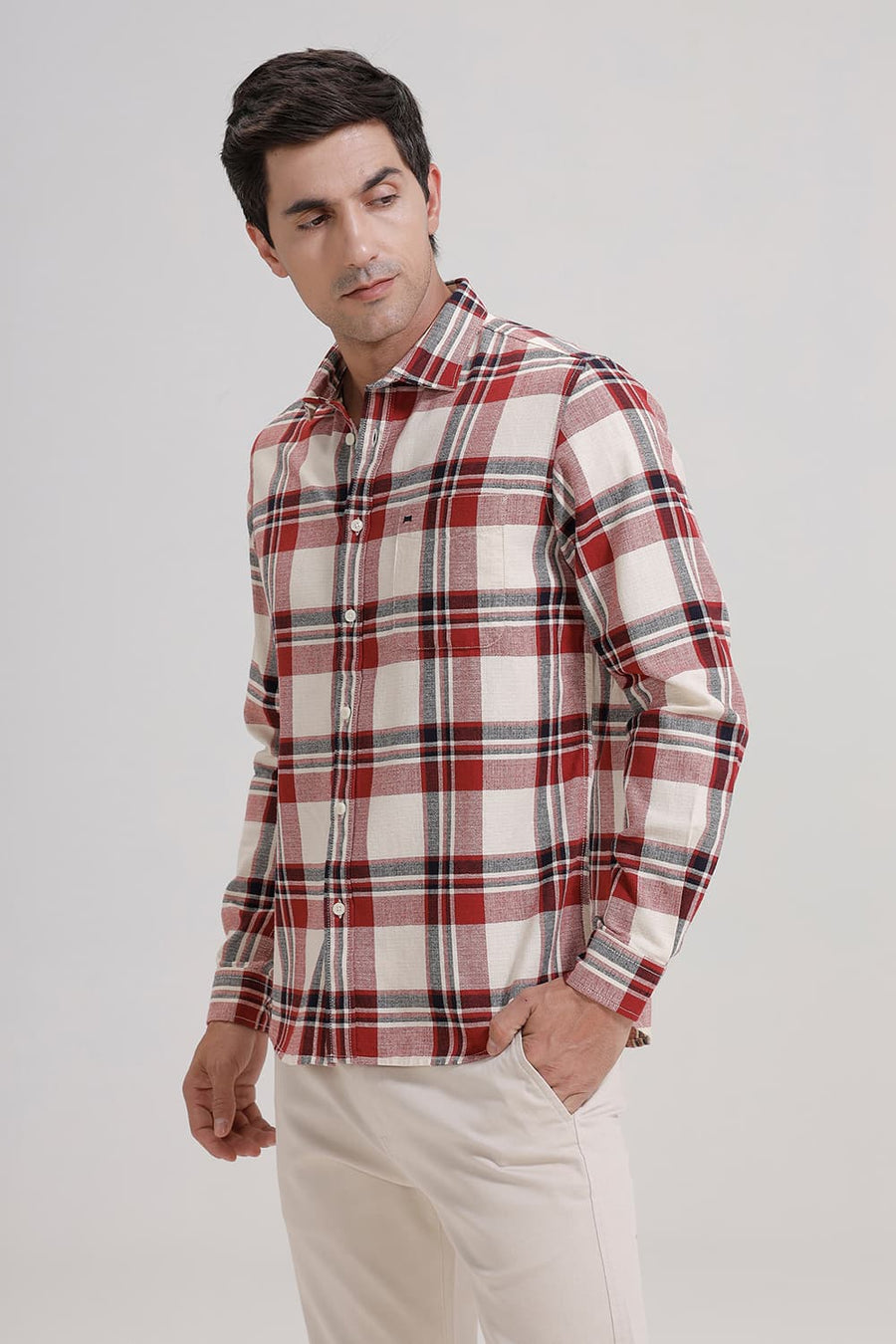 BASICS SLIM FIT RED DAHLIA COTTON HOPSACK CHECKS SHIRT
