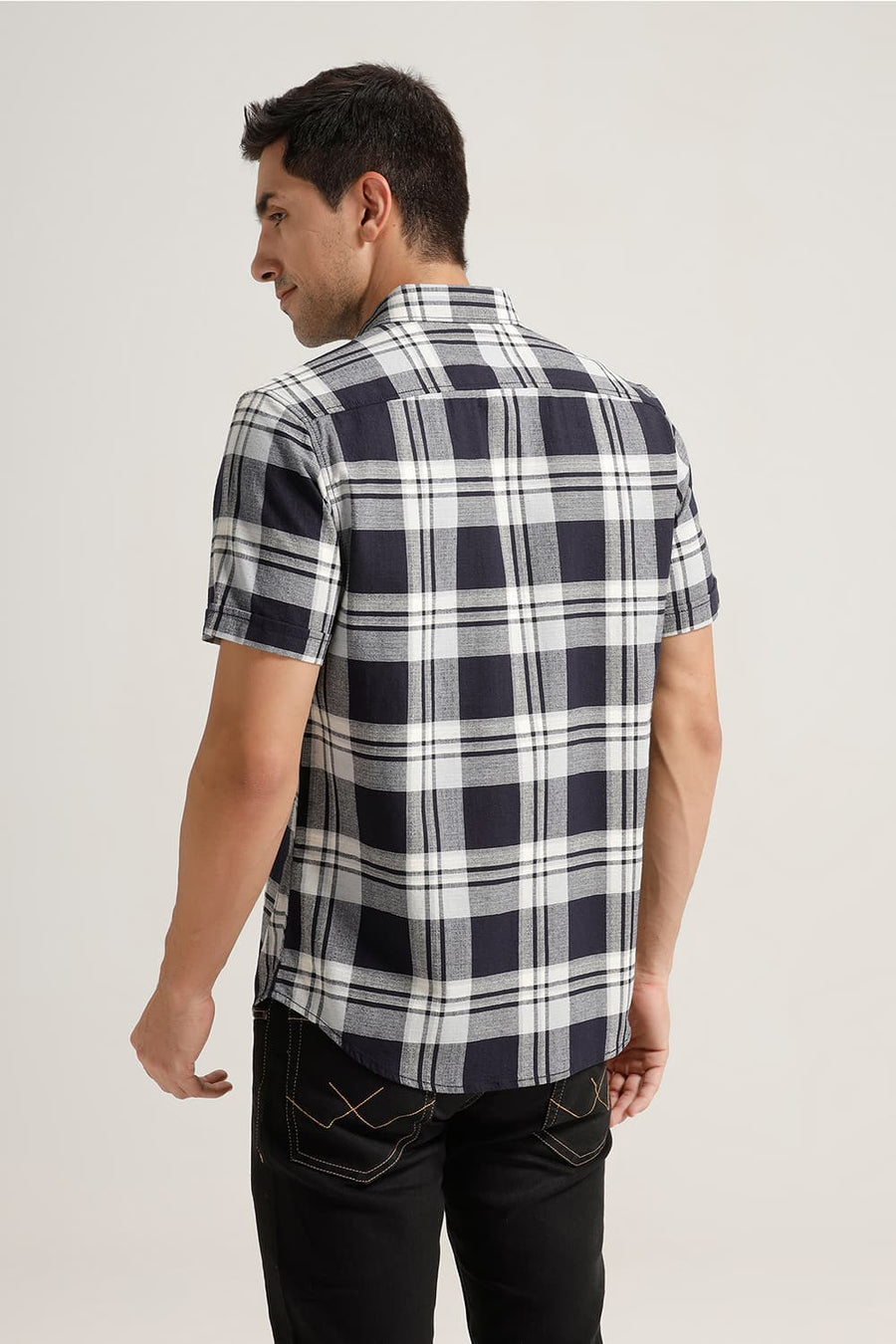 BASICS SLIM FIT SALUTE GREY COTTON HOPSACK CHECKS HALFSLEEVES SHIRT