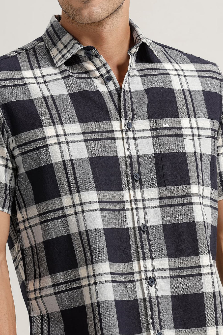 BASICS SLIM FIT SALUTE GREY COTTON HOPSACK CHECKS HALFSLEEVES SHIRT