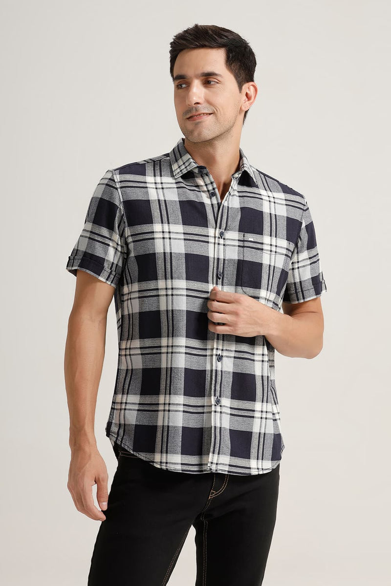 SLIM FIT COTTON HOPSACK CHECKS HALFSLEEVES SHIRT