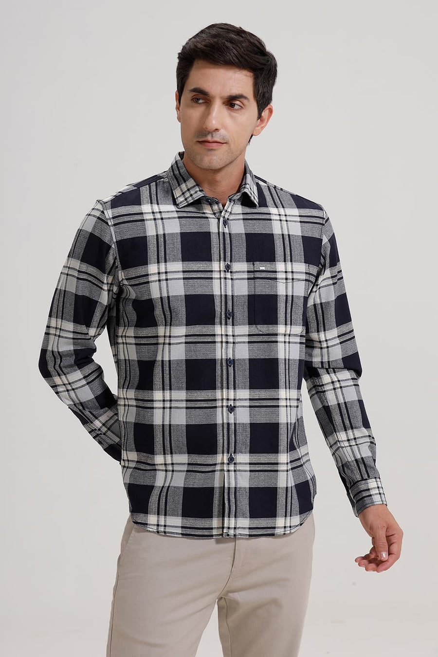 BASICS SLIM FIT SALUTE GREY COTTON HOPSACK CHECKS SHIRT