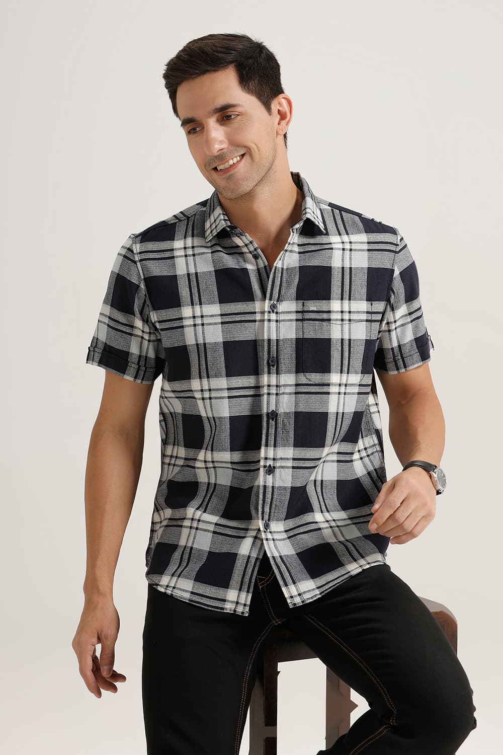 SLIM FIT COTTON HOPSACK CHECKS HALFSLEEVES SHIRT