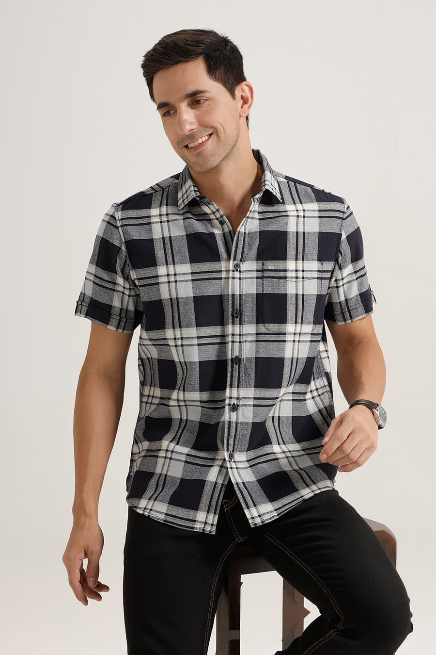 BASICS SLIM FIT SALUTE GREY COTTON HOPSACK CHECKS HALFSLEEVES SHIRT