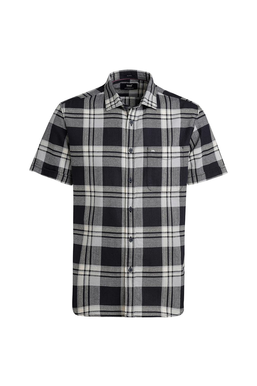 BASICS SLIM FIT SALUTE GREY COTTON HOPSACK CHECKS HALFSLEEVES SHIRT