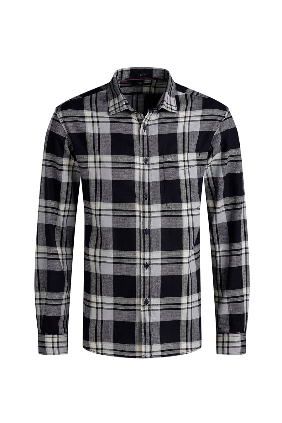 BASICS SLIM FIT SALUTE GREY COTTON HOPSACK CHECKS SHIRT