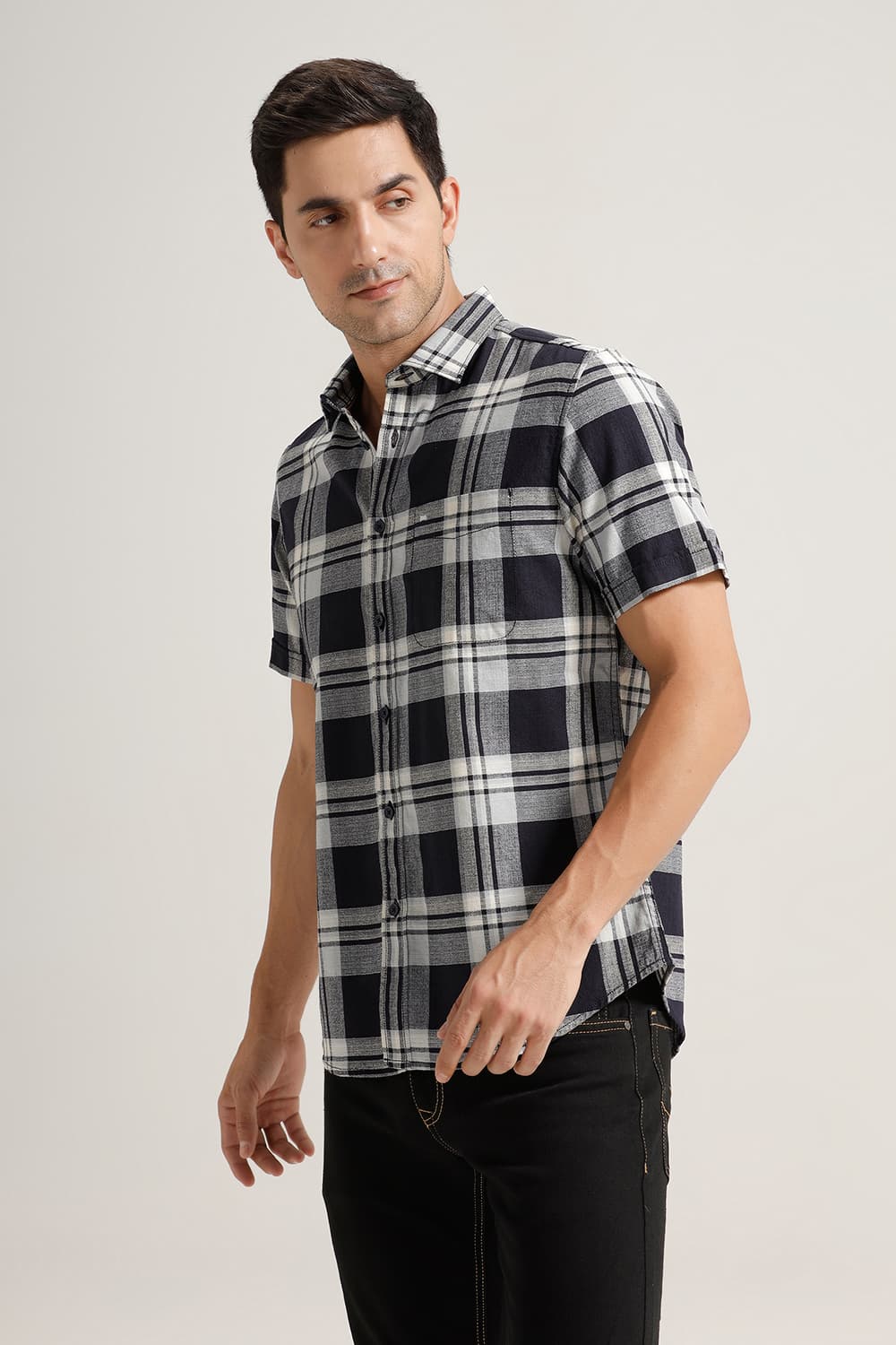 SLIM FIT COTTON HOPSACK CHECKS HALFSLEEVES SHIRT