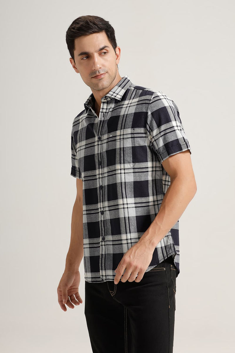 SLIM FIT COTTON HOPSACK CHECKS HALFSLEEVES SHIRT