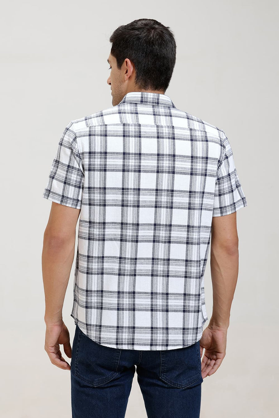 BASICS SLIM FIT NAVY INK COTTON HOPSACK CHECKS HALFSLEEVES SHIRT