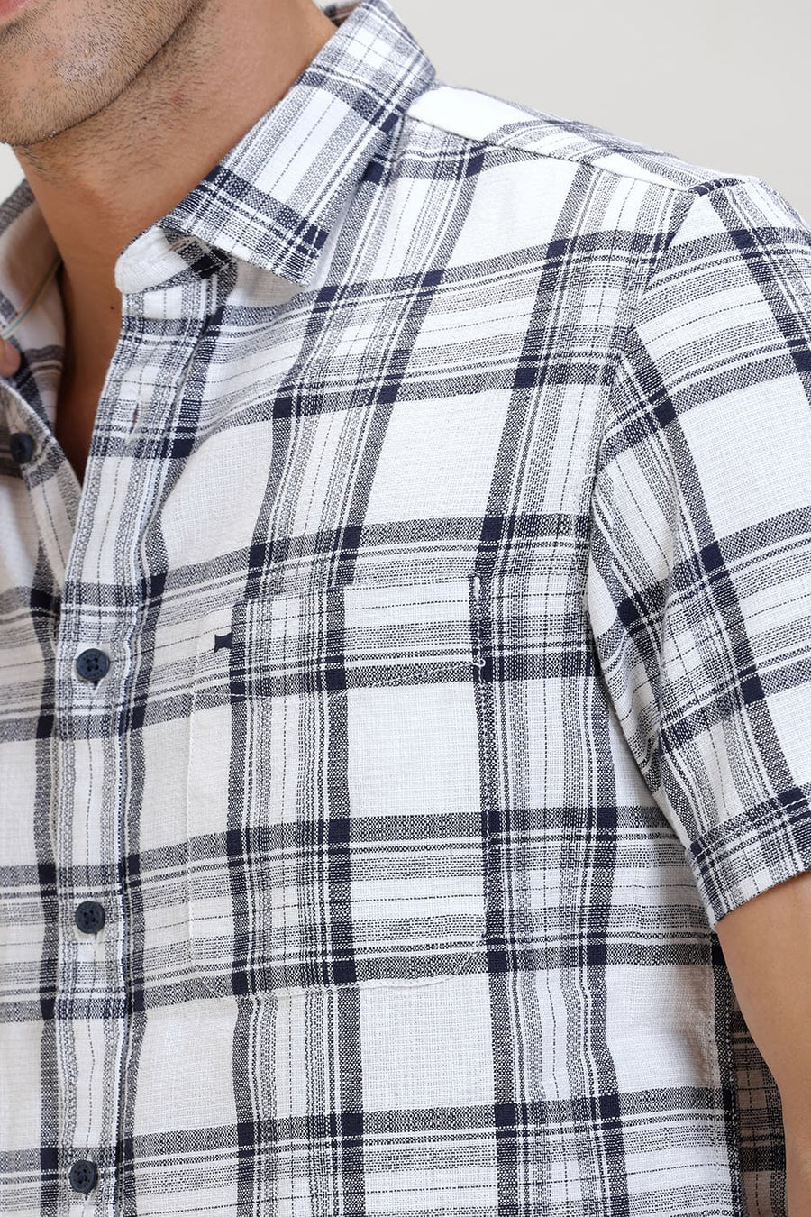 BASICS SLIM FIT NAVY INK COTTON HOPSACK CHECKS HALFSLEEVES SHIRT