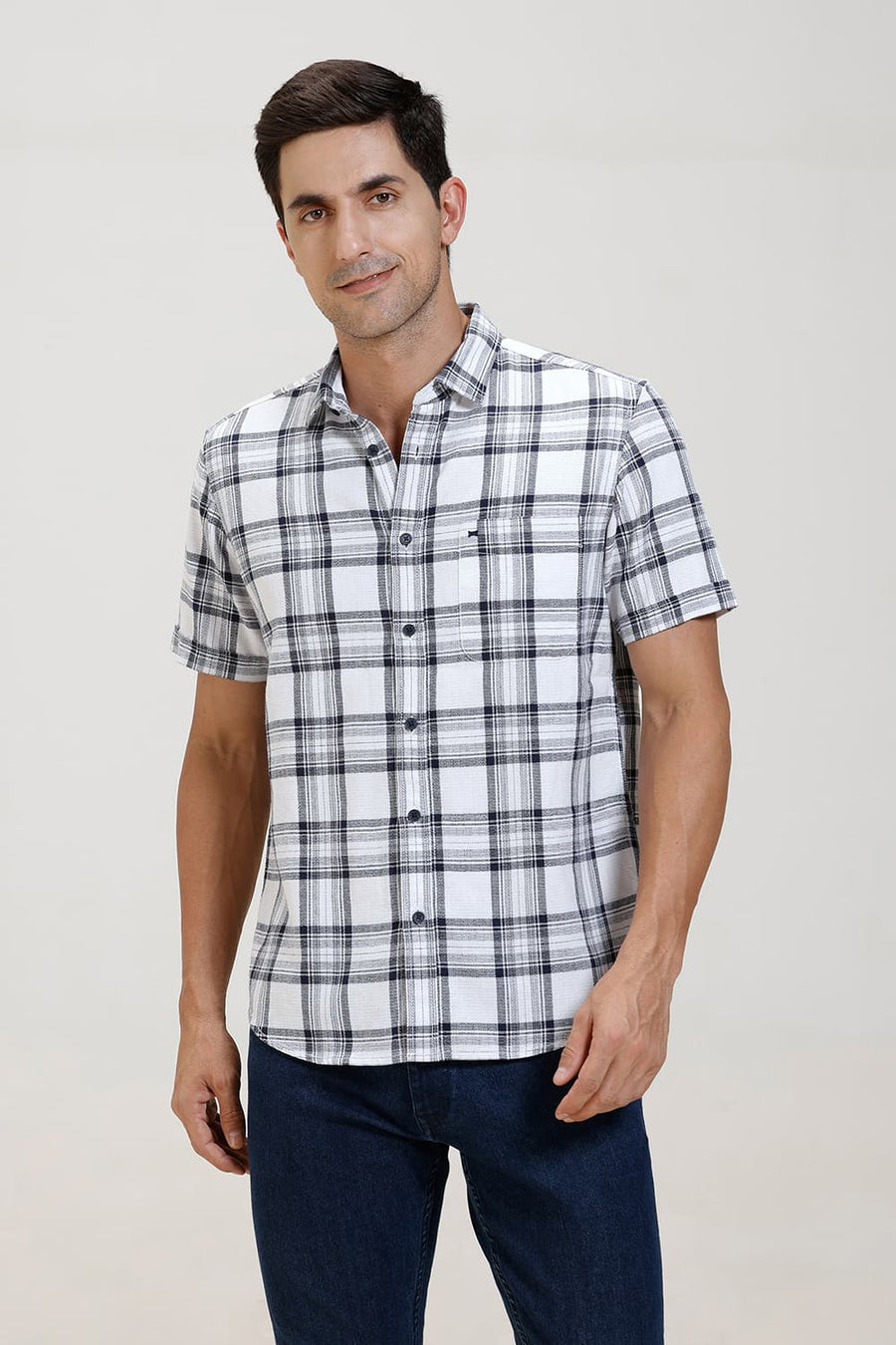 BASICS SLIM FIT NAVY INK COTTON HOPSACK CHECKS HALFSLEEVES SHIRT