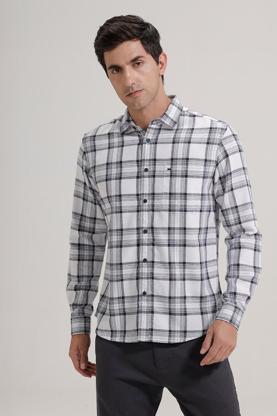 BASICS SLIM FIT NAVY INK COTTON HOPSACK CHECKS SHIRT