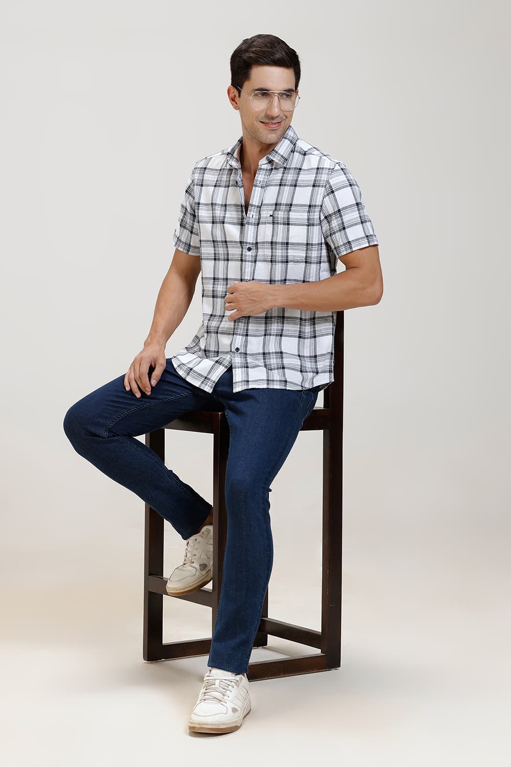 SLIM FIT COTTON HOPSACK CHECKS HALFSLEEVES SHIRT