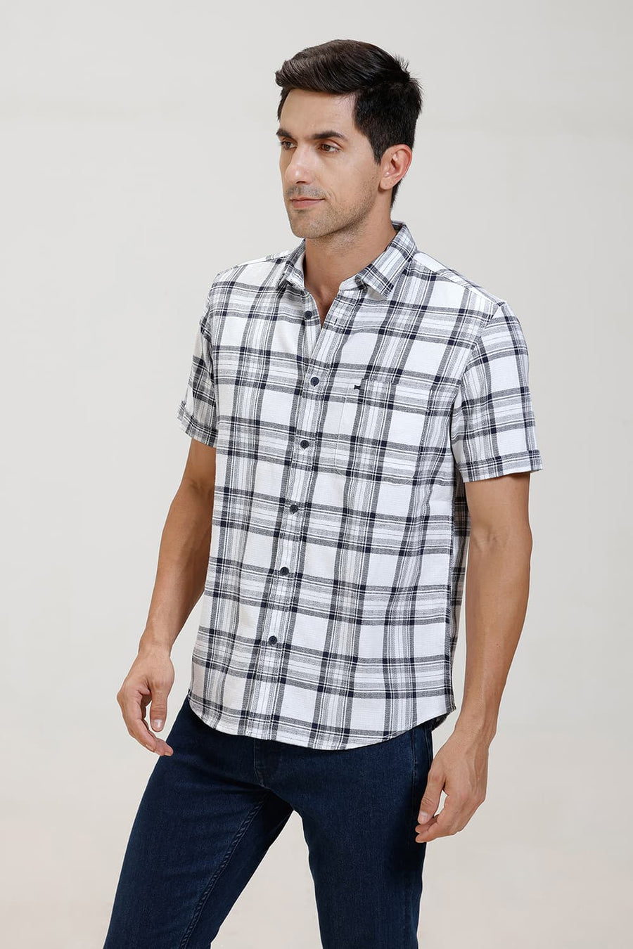 BASICS SLIM FIT NAVY INK COTTON HOPSACK CHECKS HALFSLEEVES SHIRT