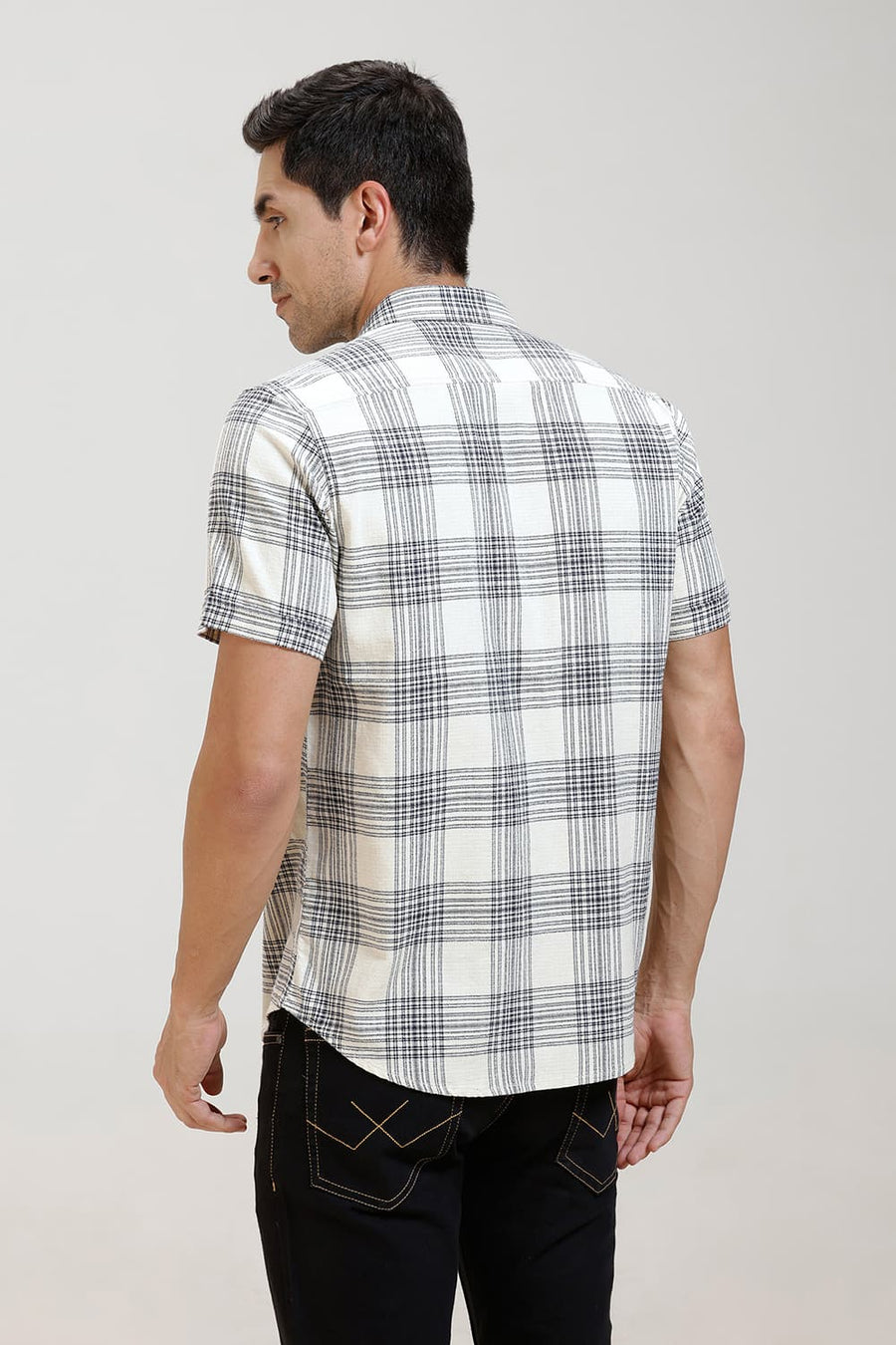BASICS SLIM FIT ECRU COAST COTTON HOPSACK CHECKS HALFSLEEVES SHIRT