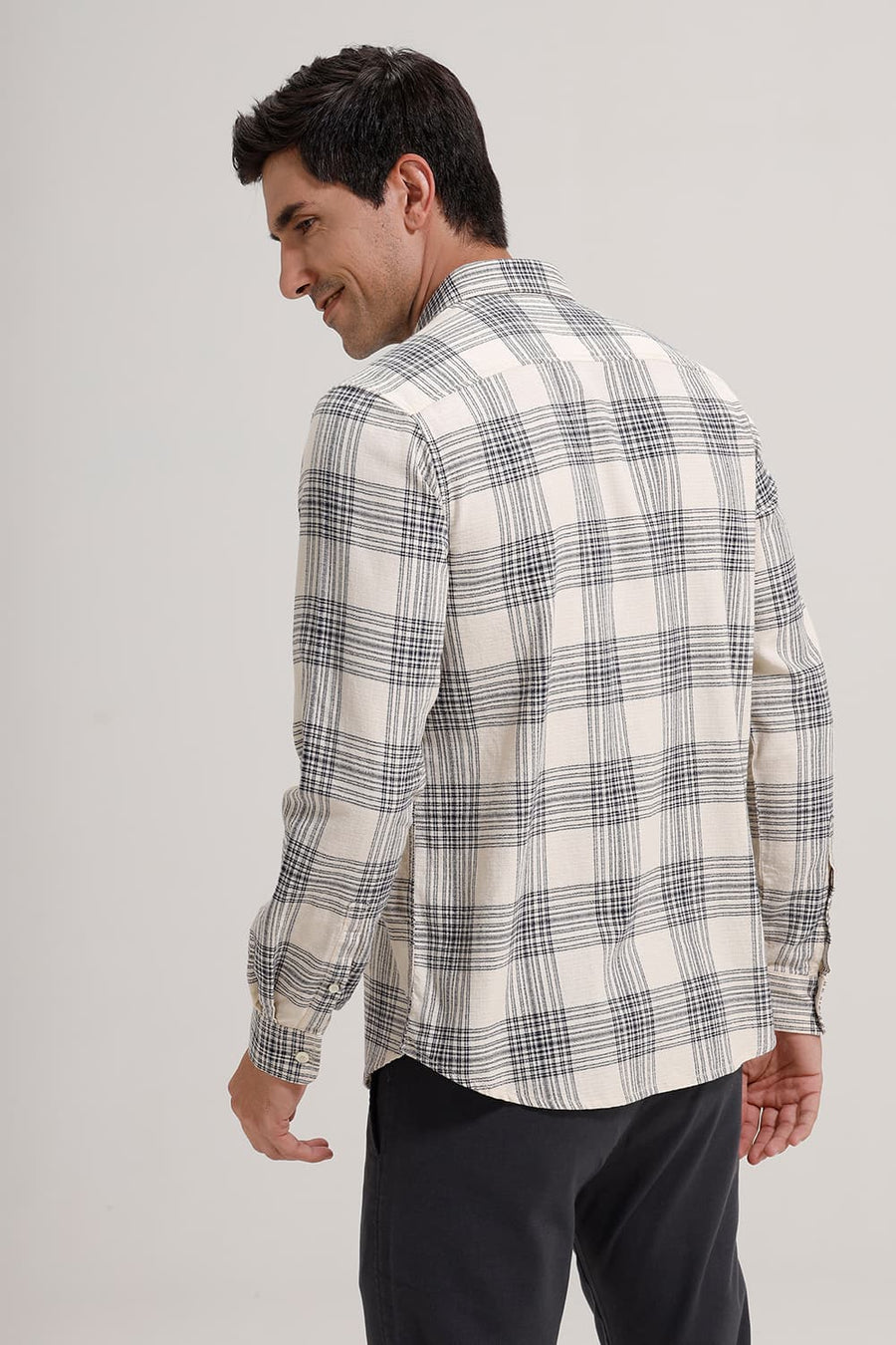 BASICS SLIM FIT ECRU COAST COTTON HOPSACK CHECKS SHIRT