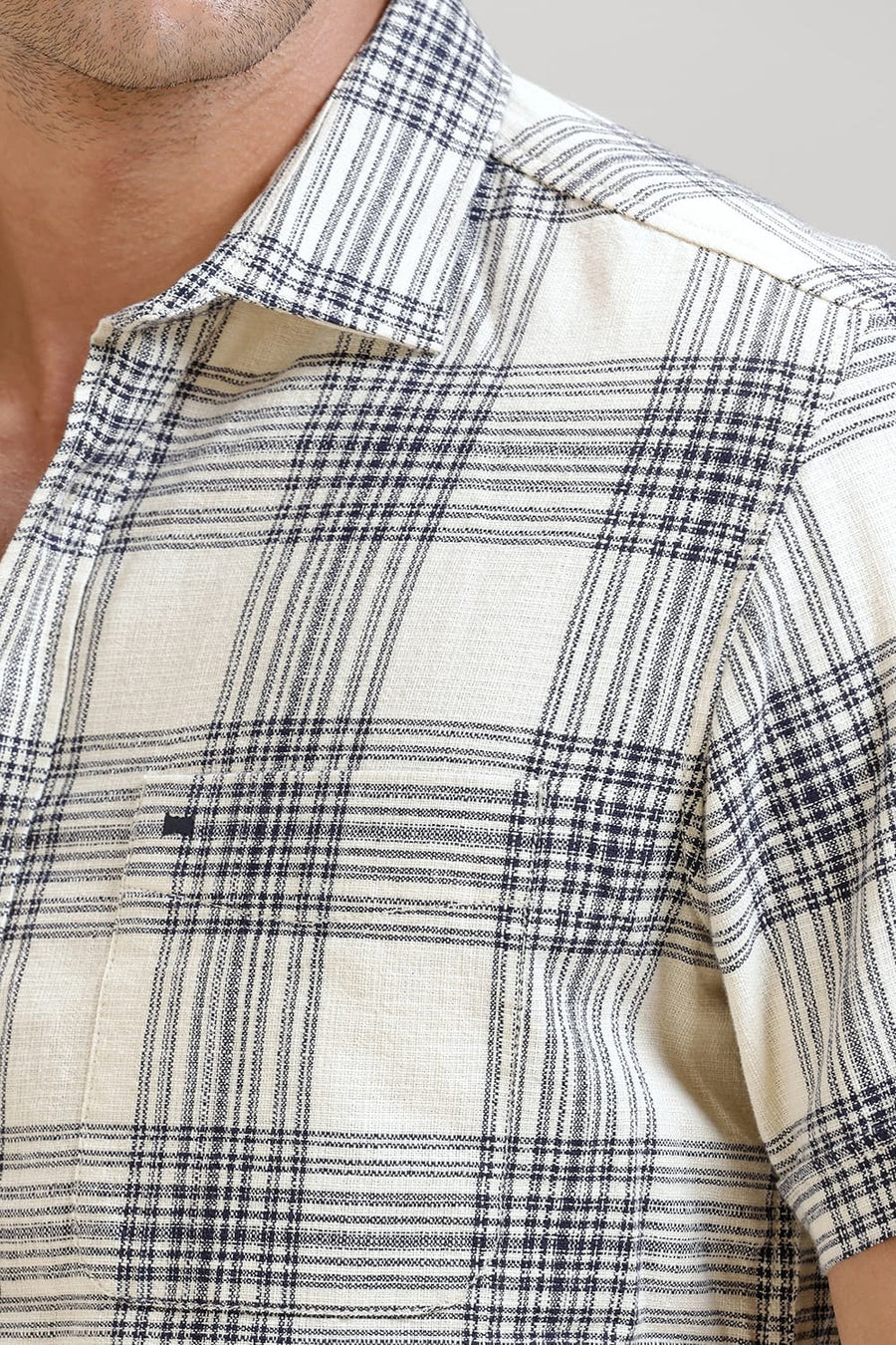 BASICS SLIM FIT ECRU COAST COTTON HOPSACK CHECKS HALFSLEEVES SHIRT