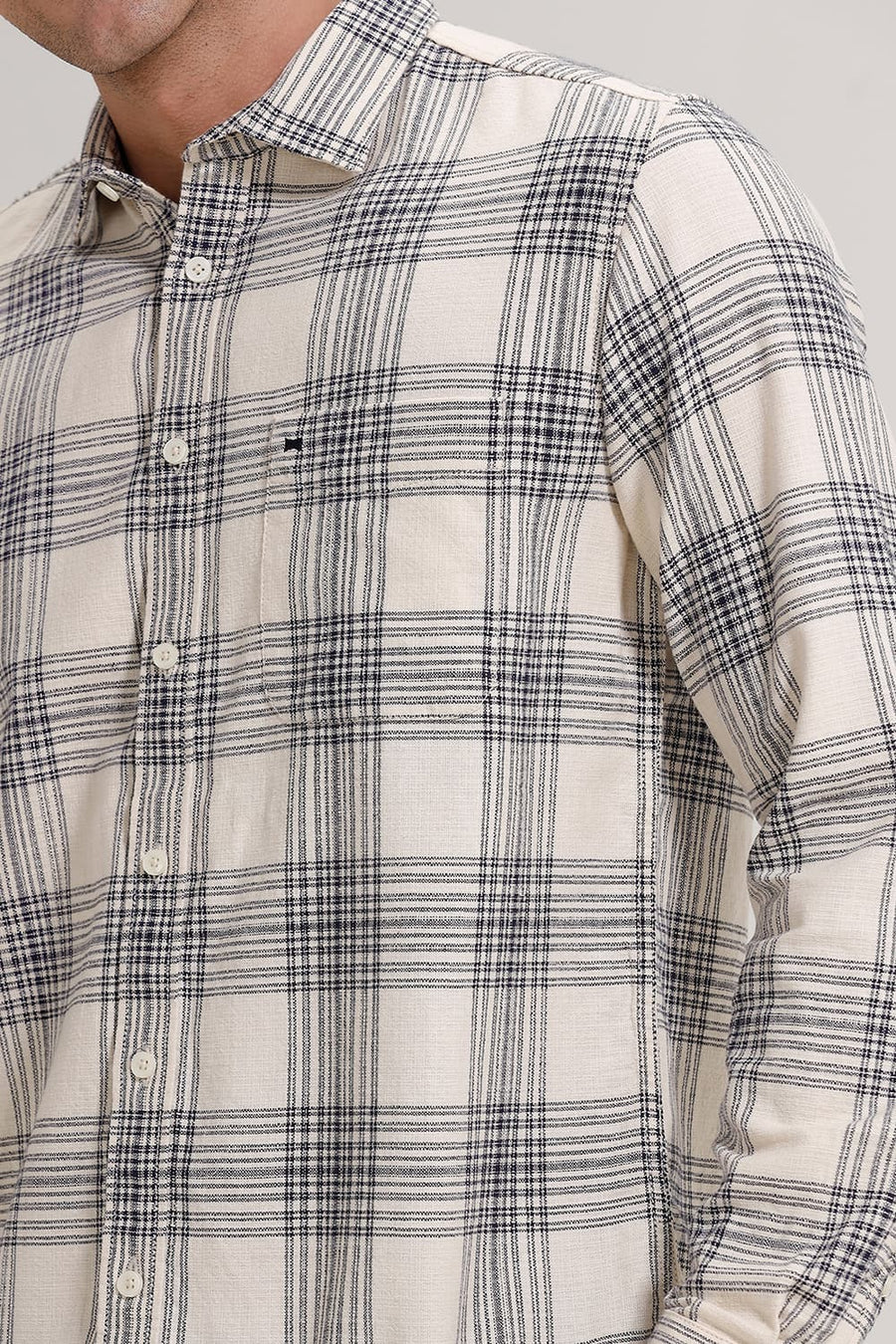 BASICS SLIM FIT ECRU COAST COTTON HOPSACK CHECKS SHIRT