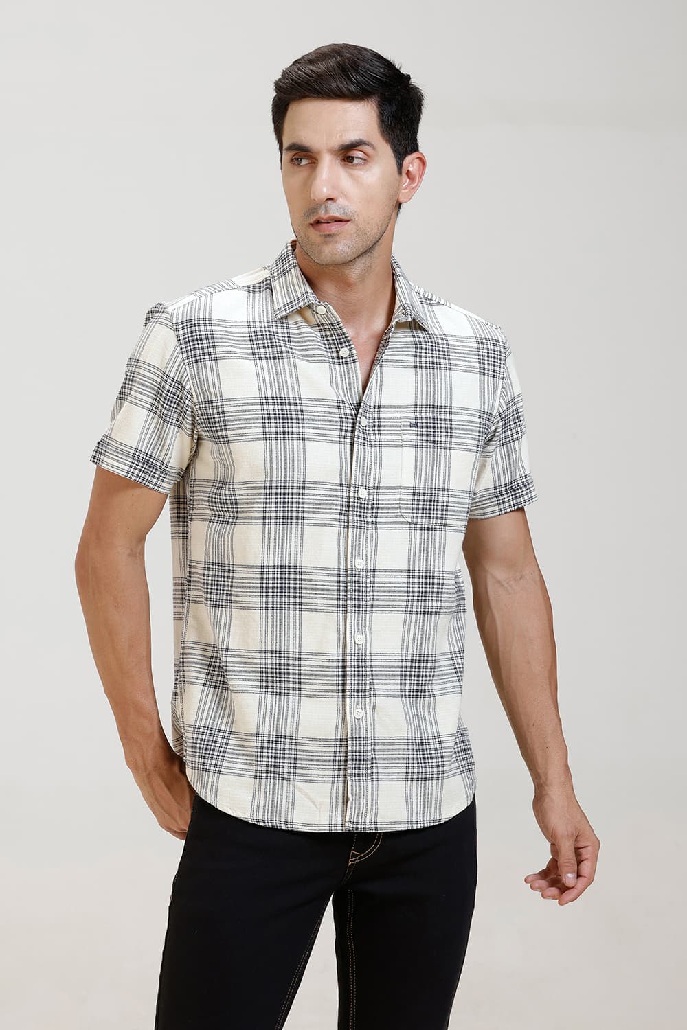 SLIM FIT COTTON HOPSACK CHECKS HALFSLEEVES SHIRT