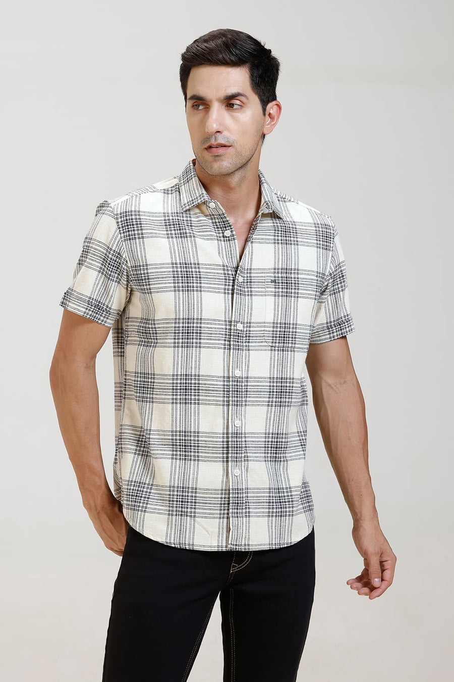 BASICS SLIM FIT ECRU COAST COTTON HOPSACK CHECKS HALFSLEEVES SHIRT