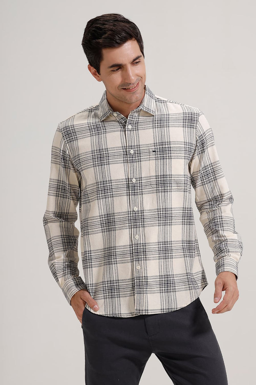 BASICS SLIM FIT ECRU COAST COTTON HOPSACK CHECKS SHIRT