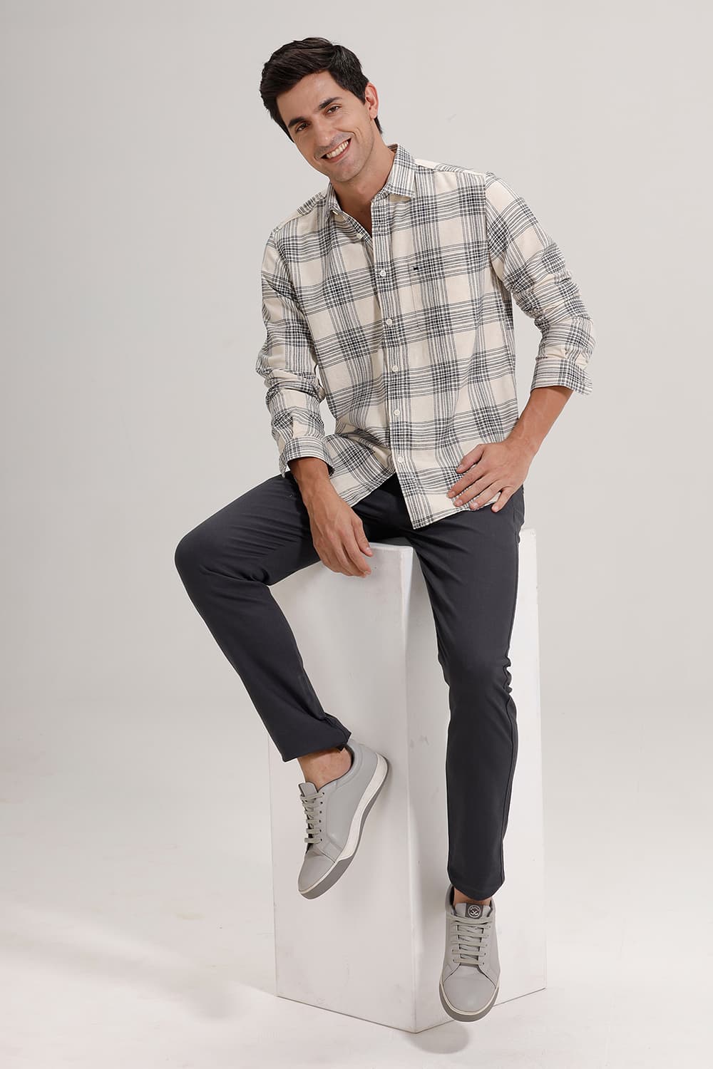 SLIM FIT COTTON HOPSACK CHECKS SHIRT