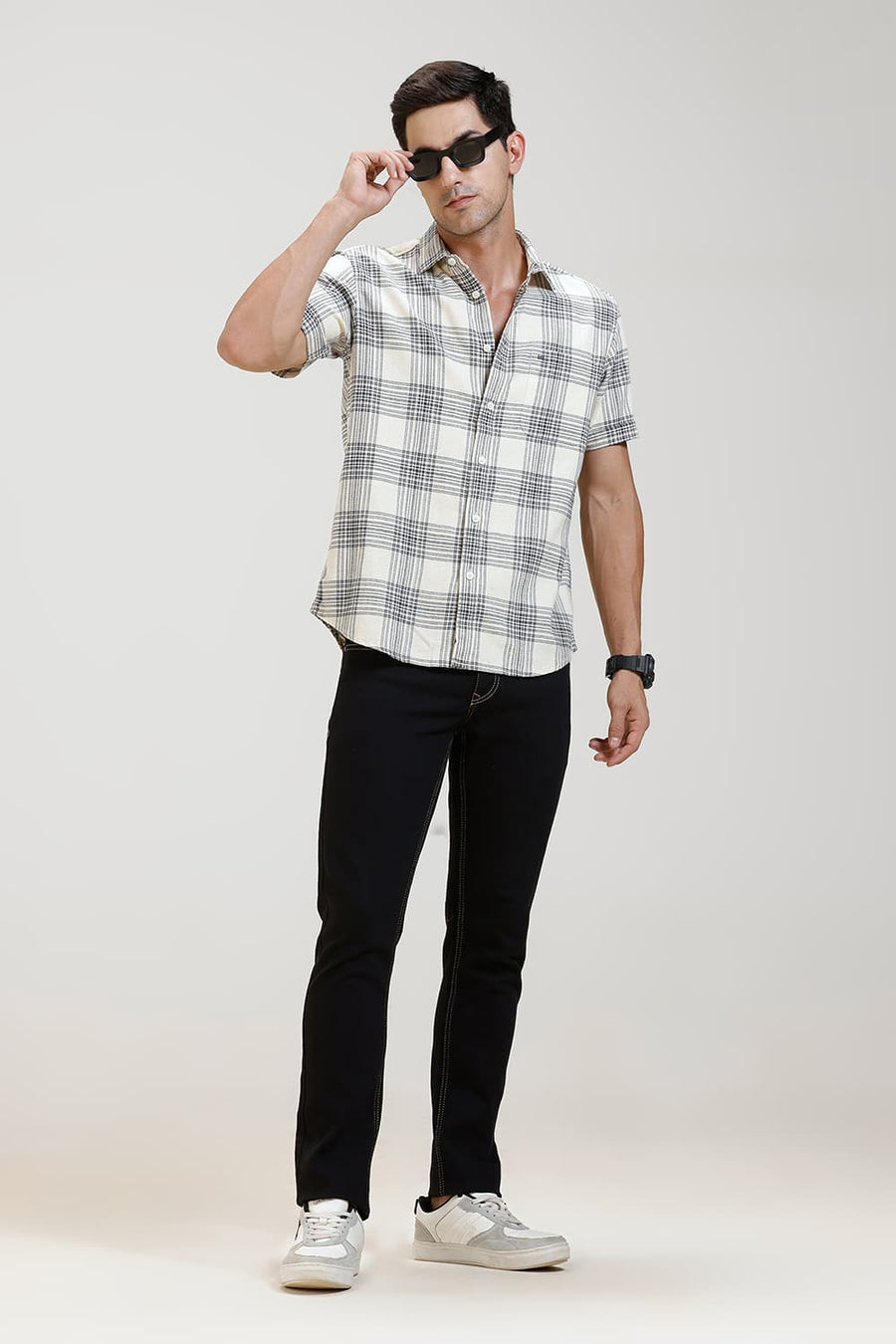 BASICS SLIM FIT ECRU COAST COTTON HOPSACK CHECKS HALFSLEEVES SHIRT