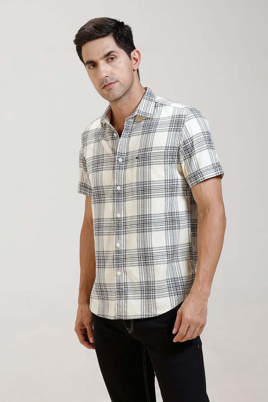 BASICS SLIM FIT ECRU COAST COTTON HOPSACK CHECKS HALFSLEEVES SHIRT