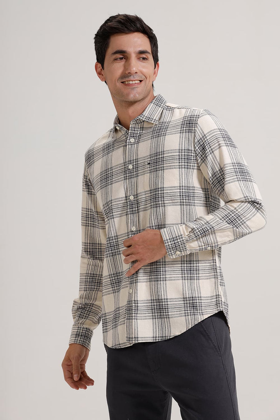 BASICS SLIM FIT ECRU COAST COTTON HOPSACK CHECKS SHIRT