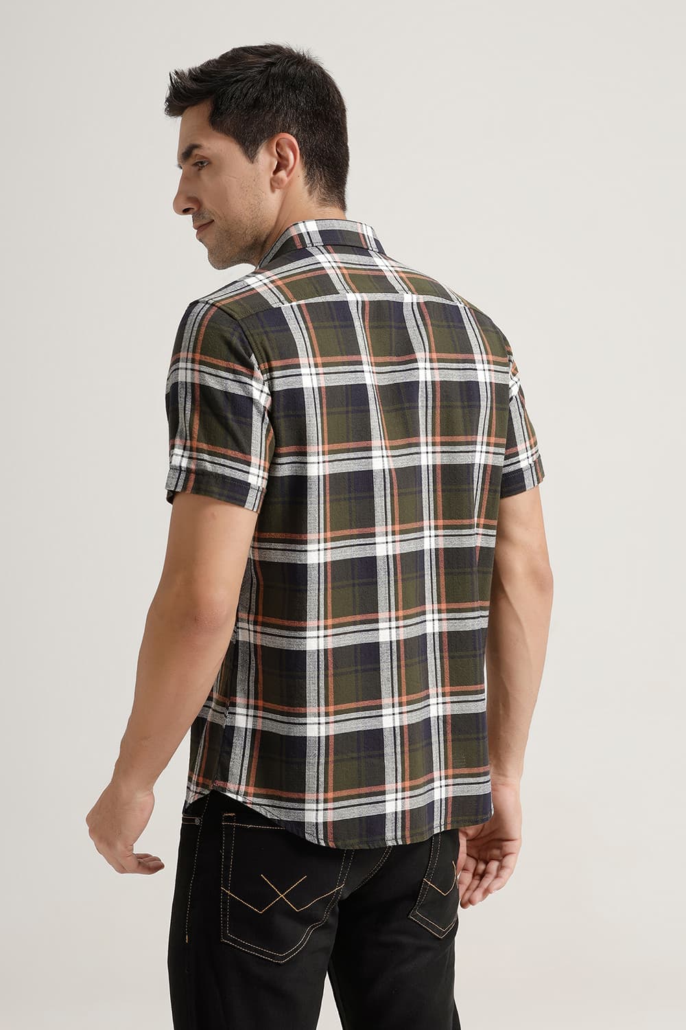 SLIM FIT COTTON HOPSACK CHECKS HALFSLEEVES SHIRT