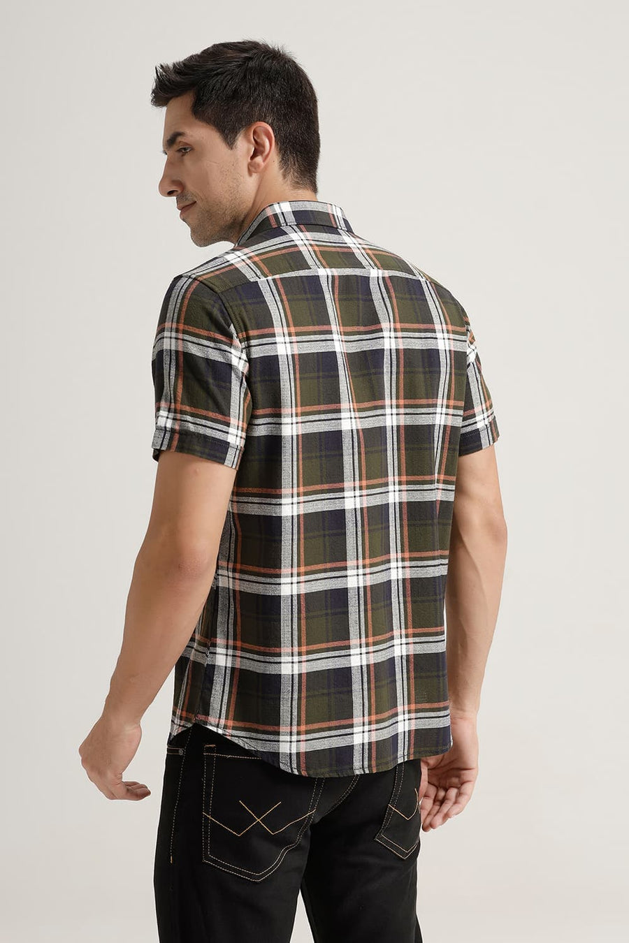 BASICS SLIM FIT RIFLE GREEN COTTON HOPSACK CHECKS HALFSLEEVES SHIRT