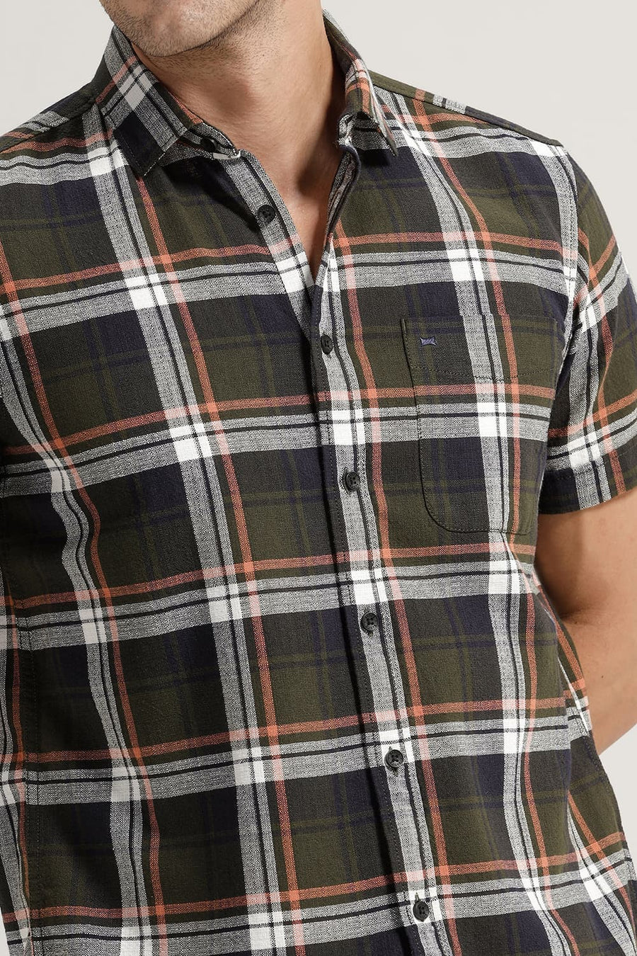 BASICS SLIM FIT RIFLE GREEN COTTON HOPSACK CHECKS HALFSLEEVES SHIRT