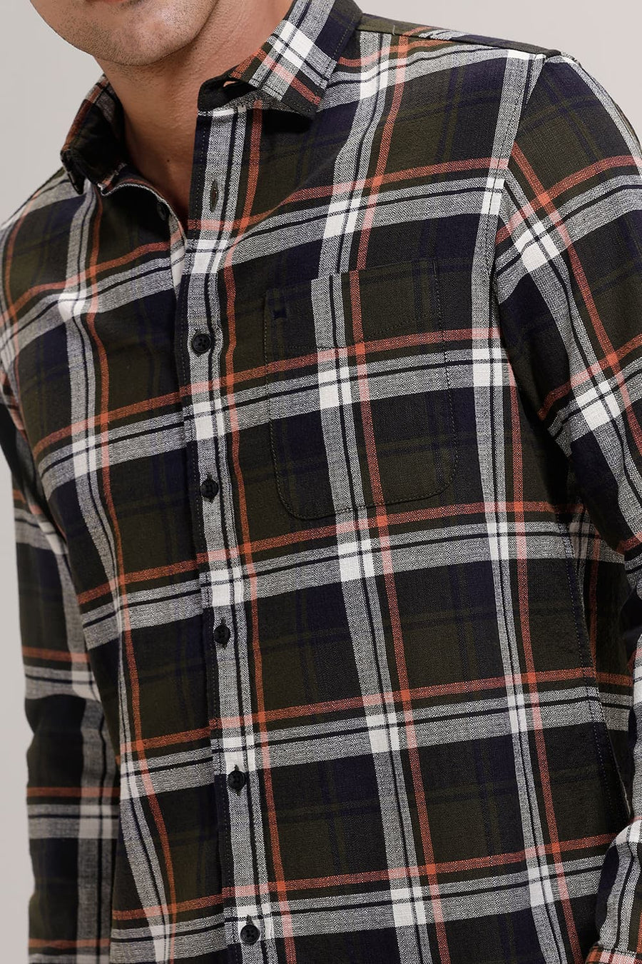 BASICS SLIM FIT RIFLE GREEN COTTON HOPSACK CHECKS SHIRT