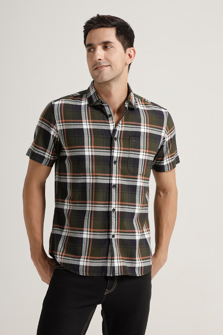 BASICS SLIM FIT RIFLE GREEN COTTON HOPSACK CHECKS HALFSLEEVES SHIRT